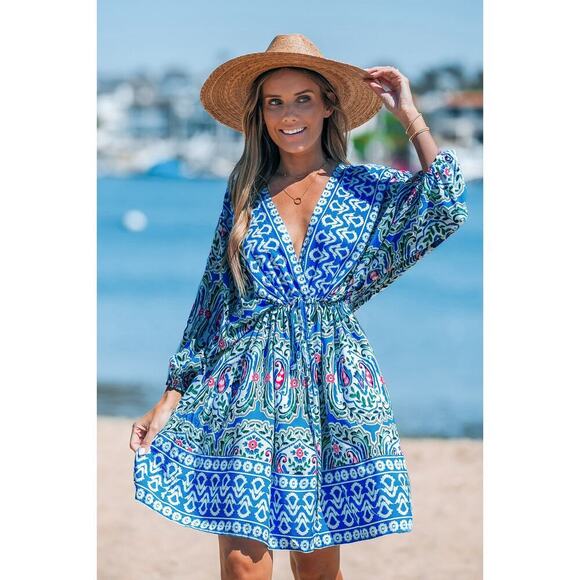 Cupshe Blue Boho Paisley V-Neck Puff Sleeve Mini Dress/Swimsuit Cover Up ~ NEW - Picture 2 of 11